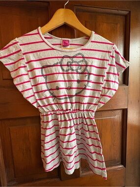 Hello Kitty Gray & Pink Striped Tee with Studded Face